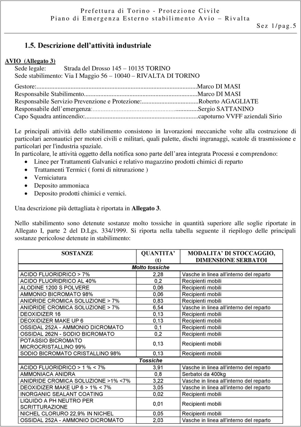 ..capoturno VVFF aziendali Sirio Le principali attività dello stabilimento consistono in lavorazioni meccaniche volte alla costruzione di particolari aeronautici per motori civili e militari, quali