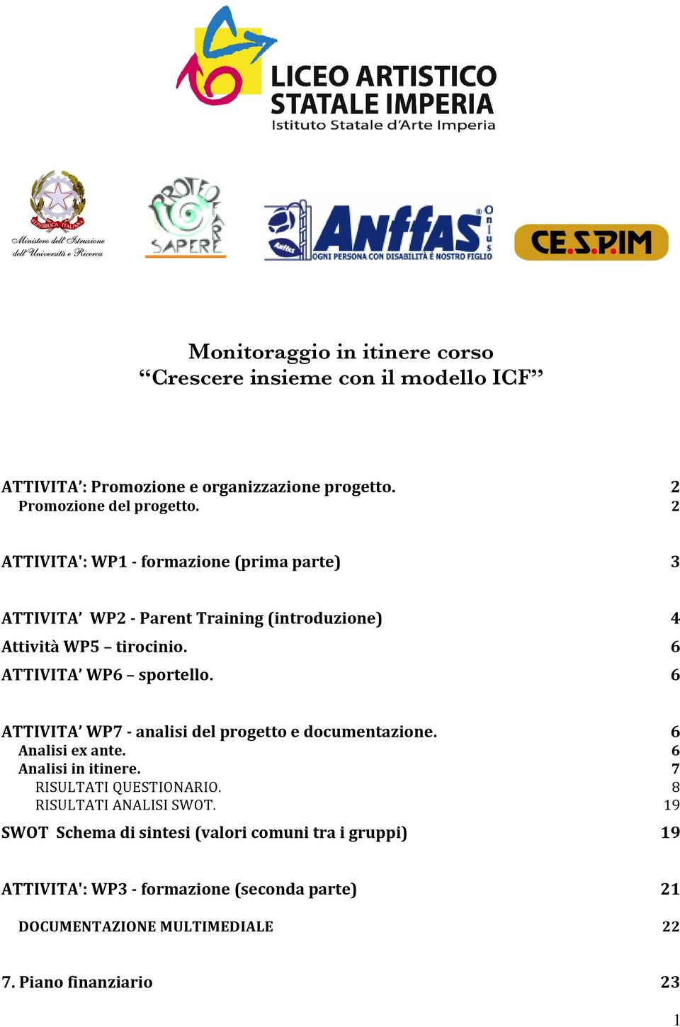 4 6 6 ATTIVITA WP7 - analisi del progetto e documentazione. Analisi ex ante. Analisi in itinere. RISULTATI QUESTIONARIO. RISULTATI ANALISI SWOT.