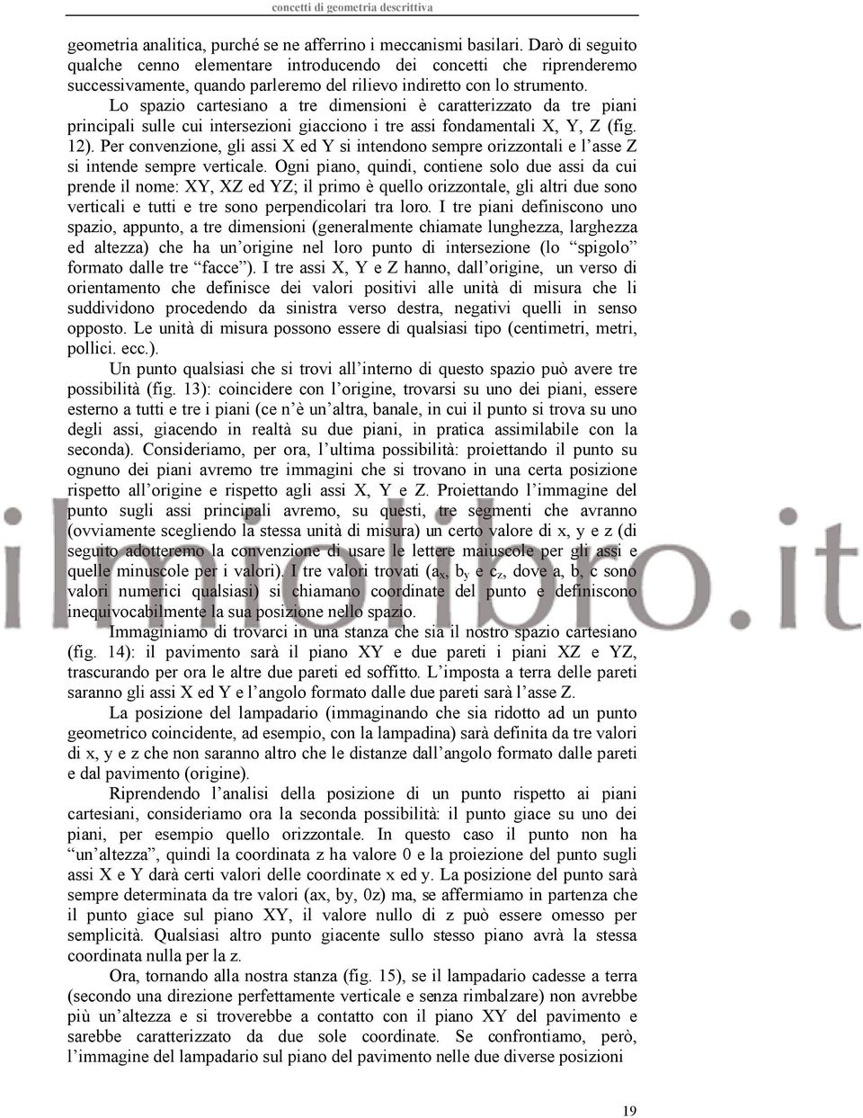 Lo spazio cartesiano a tre dimensioni è caratterizzato da tre piani principali sulle cui intersezioni giacciono i tre assi fondamentali X, Y, Z (fig. 12).