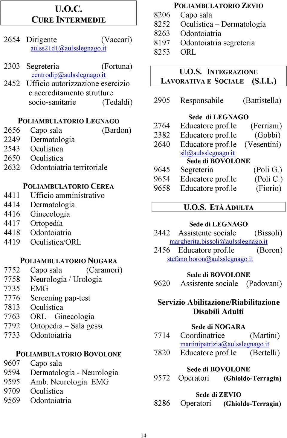 Odontoiatria territoriale POLIAMBULATORIO CEREA 4411 Ufficio amministrativo 4414 Dermatologia 4416 Ginecologia 4417 Ortopedia 4418 Odontoiatria 4419 Oculistica/ORL POLIAMBULATORIO NOGARA 7752 Capo