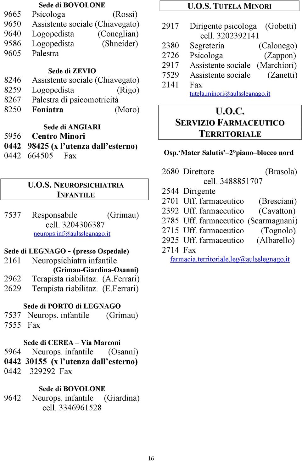 3204306387 neurops.inf@aulsslegnago.it Sede di LEGNAGO - (presso Ospedale) 2161 Neuropsichiatra infantile (Grimau-Giardina-Osanni) 2962 Terapista riabilitaz. (A.Ferrari) 2629 Terapista riabilitaz. (E.