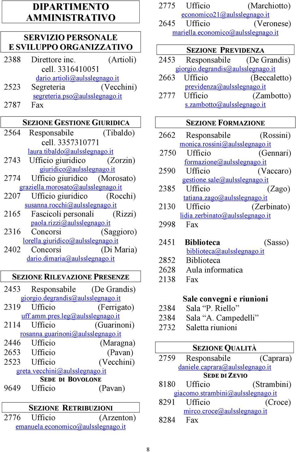 it 2774 Ufficio giuridico (Morosato) graziella.morosato@aulsslegnago.it 2207 Ufficio giuridico (Rocchi) susanna.rocchi@aulsslegnago.it 2165 Fascicoli personali (Rizzi) paola.rizzi@aulsslegnago.