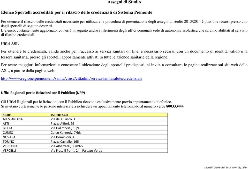 L elenco, costantemente aggiornato, conterrà in seguito anche i riferimenti degli uffici comunali sede di autonomia scolastica che saranno abilitati al servizio di rilascio credenziali.