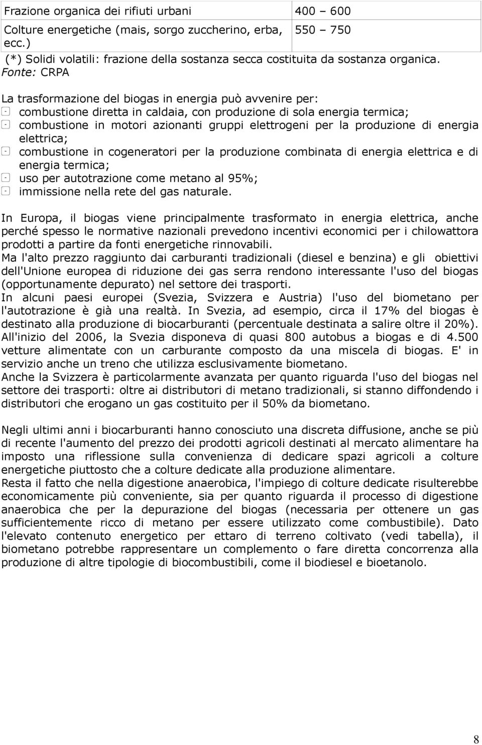 produzione di energia elettrica; combustione in cogeneratori per la produzione combinata di energia elettrica e di energia termica; uso per autotrazione come metano al 95%; immissione nella rete del