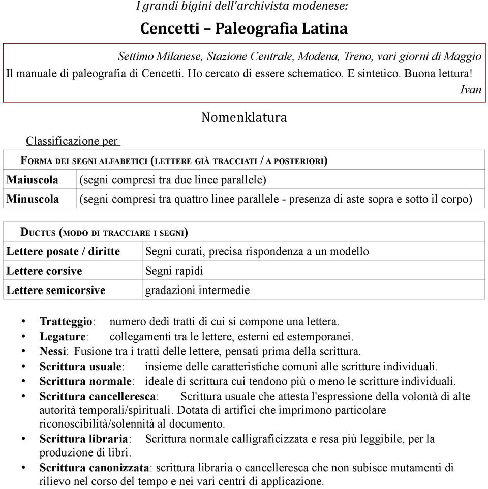 Ivan Classificazione per Nomenklatura FORMA DEI SEGNI ALFABETICI (LETTERE GIÀ TRACCIATI / A POSTERIORI) Maiuscola Minuscola (segni compresi tra due linee parallele) (segni compresi tra quattro linee