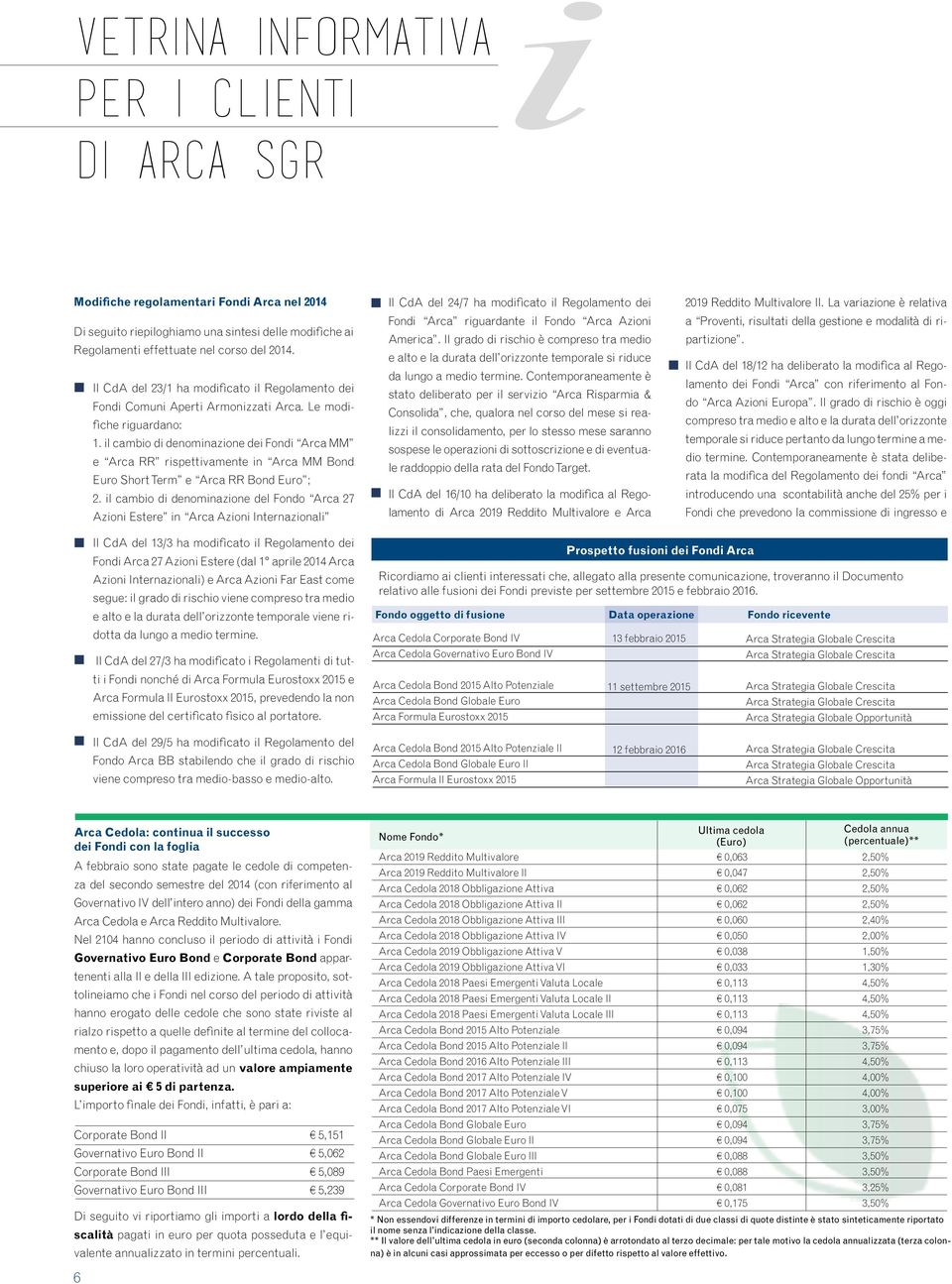 il cambio di denominazione dei Fondi Arca MM e Arca RR rispettivamente in Arca MM Bond Euro Short Term e Arca RR Bond Euro ; 2.