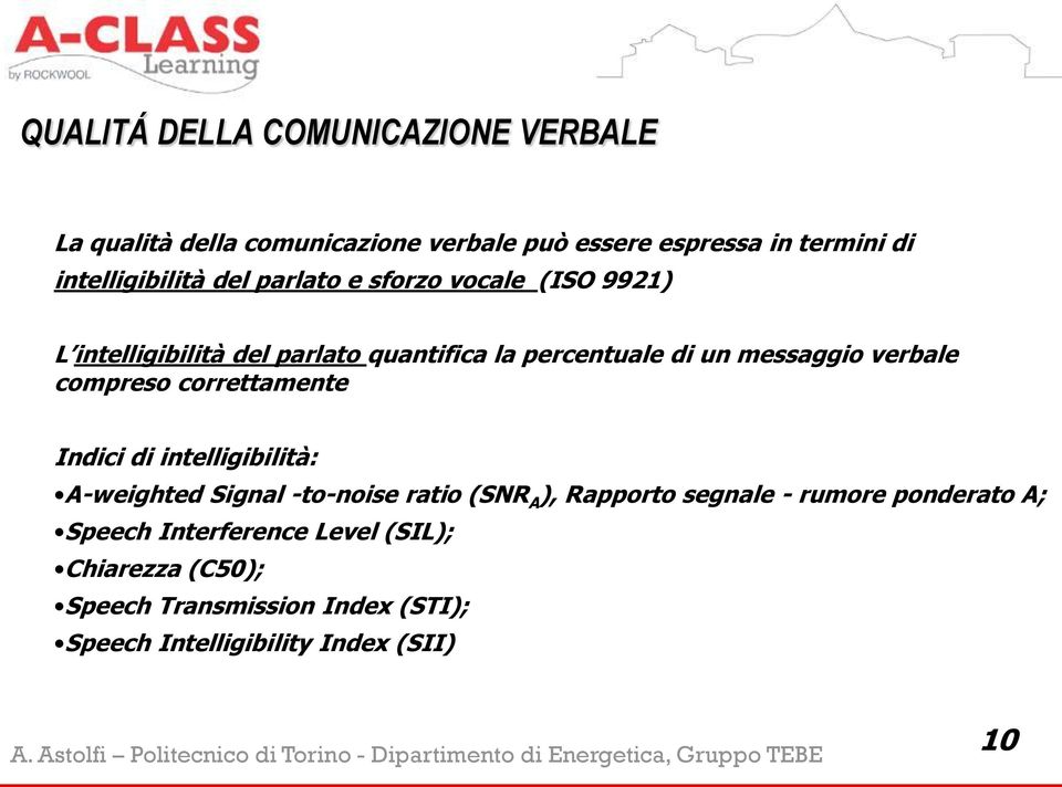 compreso correttamente Indici di intelligibilità: A-weighted Signal -to-noise ratio (SNR A ), Rapporto segnale - rumore