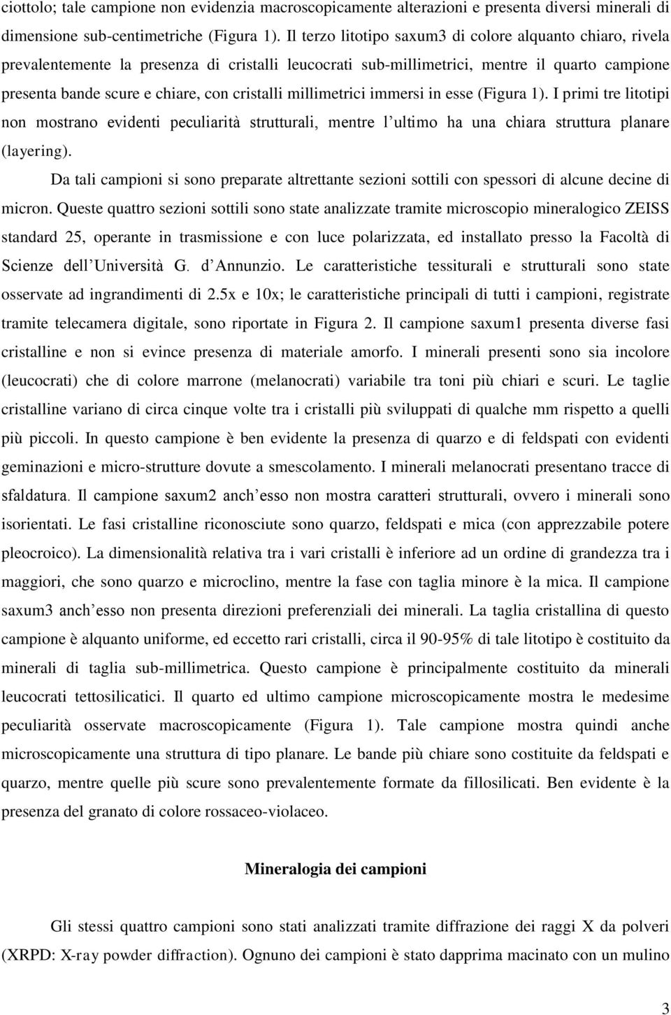 millimetrici immersi in esse (Figura 1). I primi tre litotipi non mostrano evidenti peculiarità strutturali, mentre l ultimo ha una chiara struttura planare (layering).