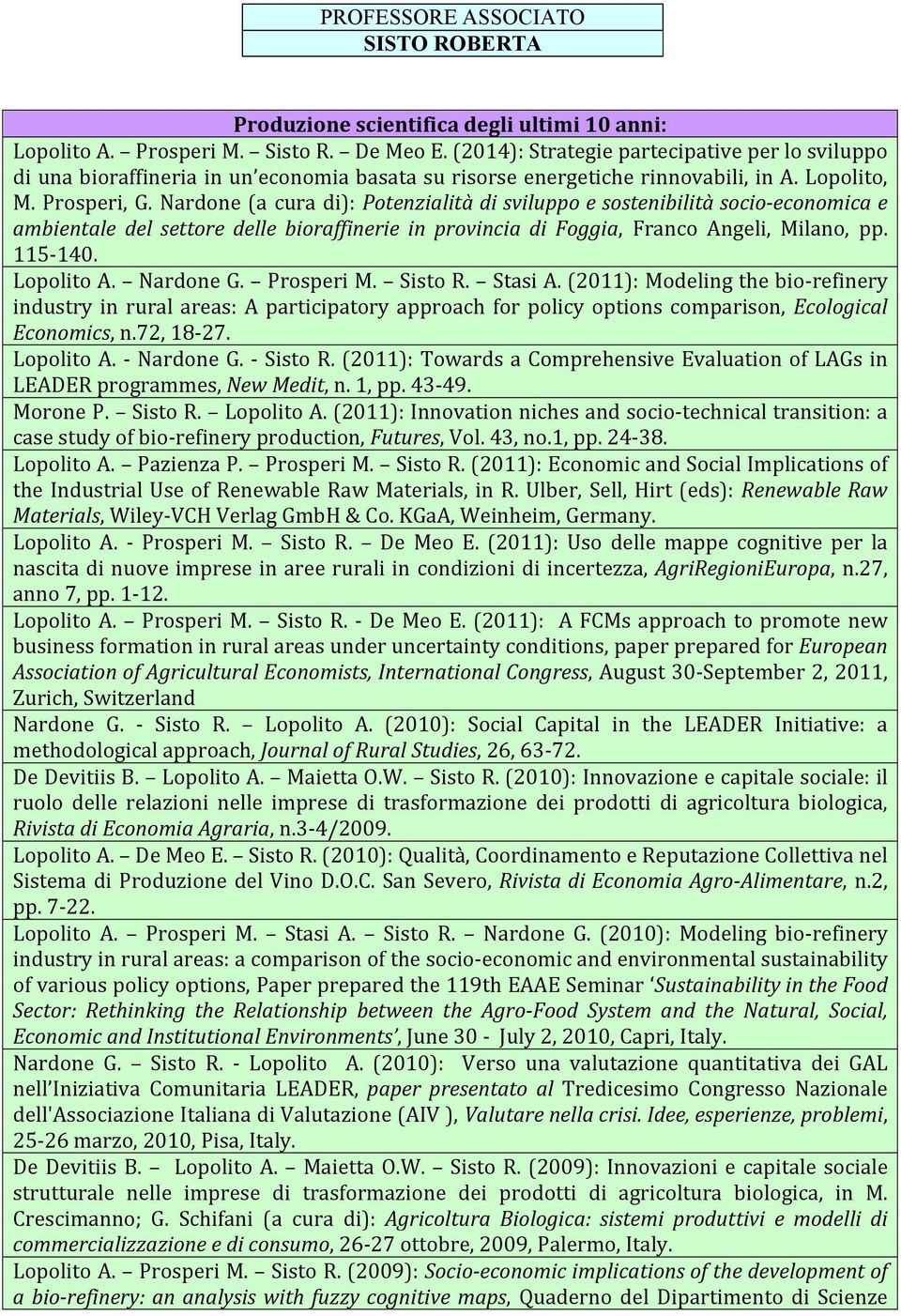 Nardone (a cura di): Potenzialità di sviluppo e sostenibilità socio- economica e ambientale del settore delle bioraffinerie in provincia di Foggia, Franco Angeli, Milano, pp. 115-140. Lopolito A.