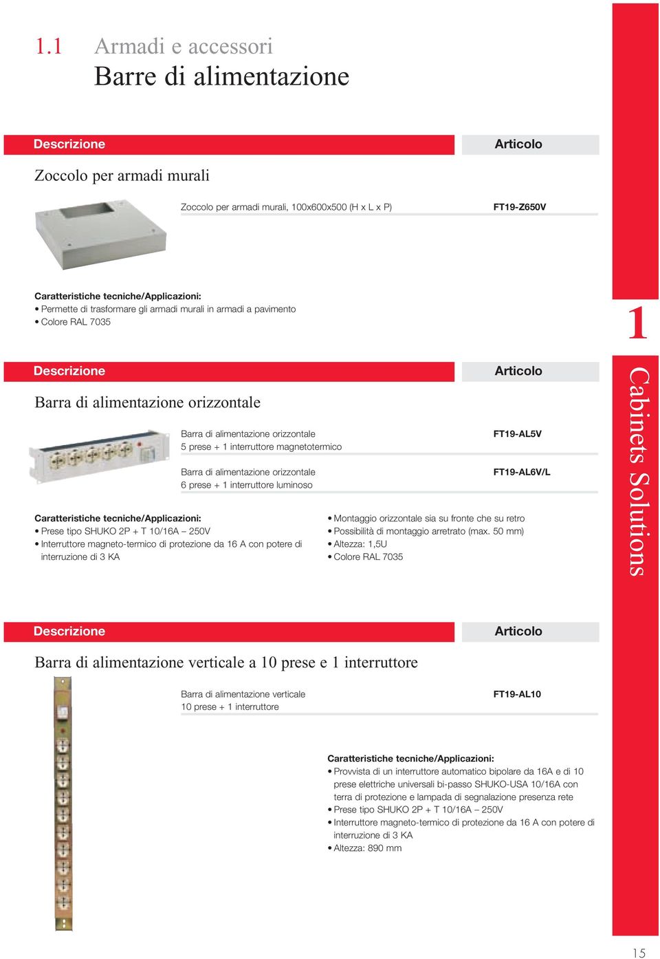 Prese tipo SHUKO 2P + T 10/16A 250V Interruttore magneto-termico di protezione da 16 A con potere di interruzione di 3 KA FT19-AL5V FT19-AL6V/L Montaggio orizzontale sia su fronte che su retro