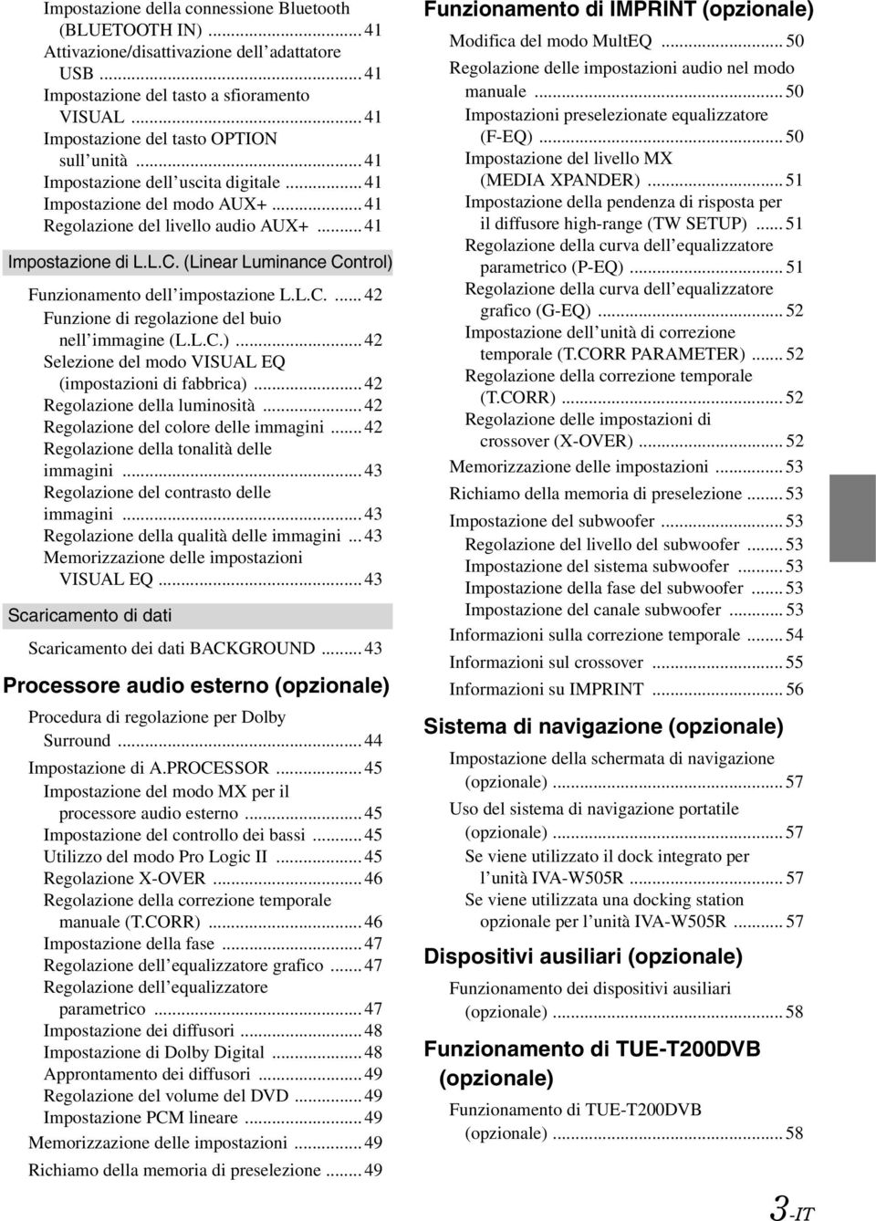 (Linear Luminance Control) Funzionamento dell impostazione L.L.C.... 42 Funzione di regolazione del buio nell immagine (L.L.C.)... 42 Selezione del modo VISUAL EQ (impostazioni di fabbrica).