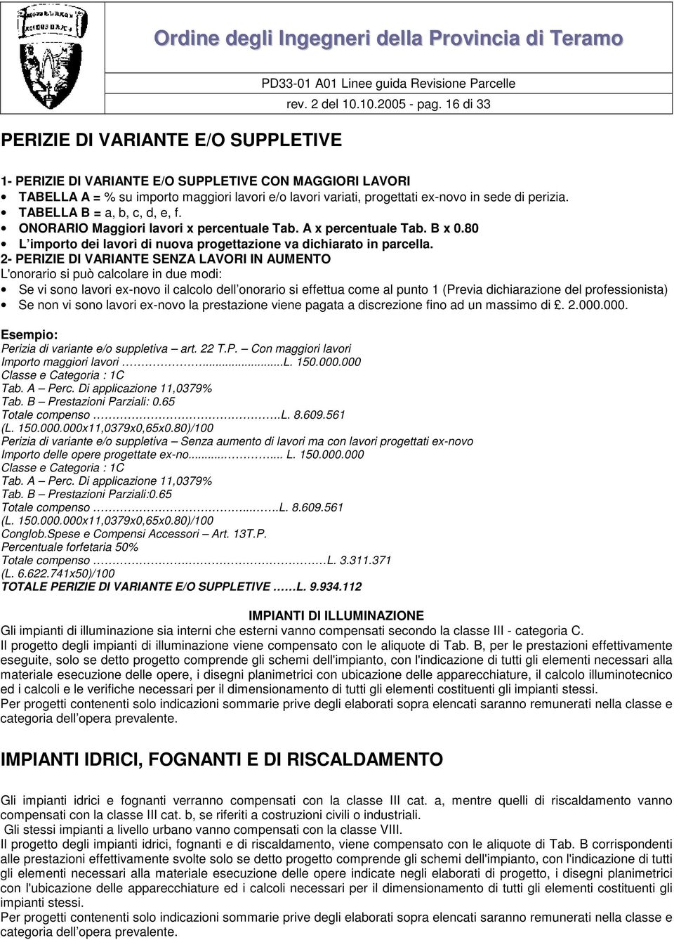 ONORARIO Maggiori lavori x percentuale Tab. A x percentuale Tab. B x 0.80 L importo dei lavori di nuova progettazione va dichiarato in parcella.