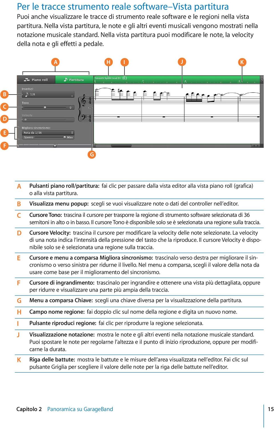Nella vista partitura puoi modificare le note, la velocity della nota e gli effetti a pedale.