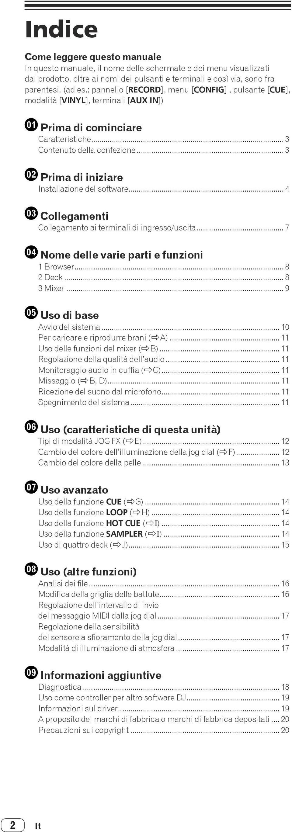 .. 3 Prima di iniziare Installazione del software... 4 Collegamenti Collegamento ai terminali di ingresso/uscita... 7 Nome delle varie parti e funzioni 1 Browser... 8 2 Deck... 8 3 Mixer.