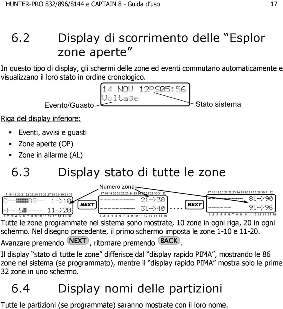 Evento/Guasto Riga del display inferiore: Eventi, avvisi e guasti Zone aperte (OP) Zone in allarme (AL) 14 NOV 12PS05:56 Voltage Stato sistema 6.