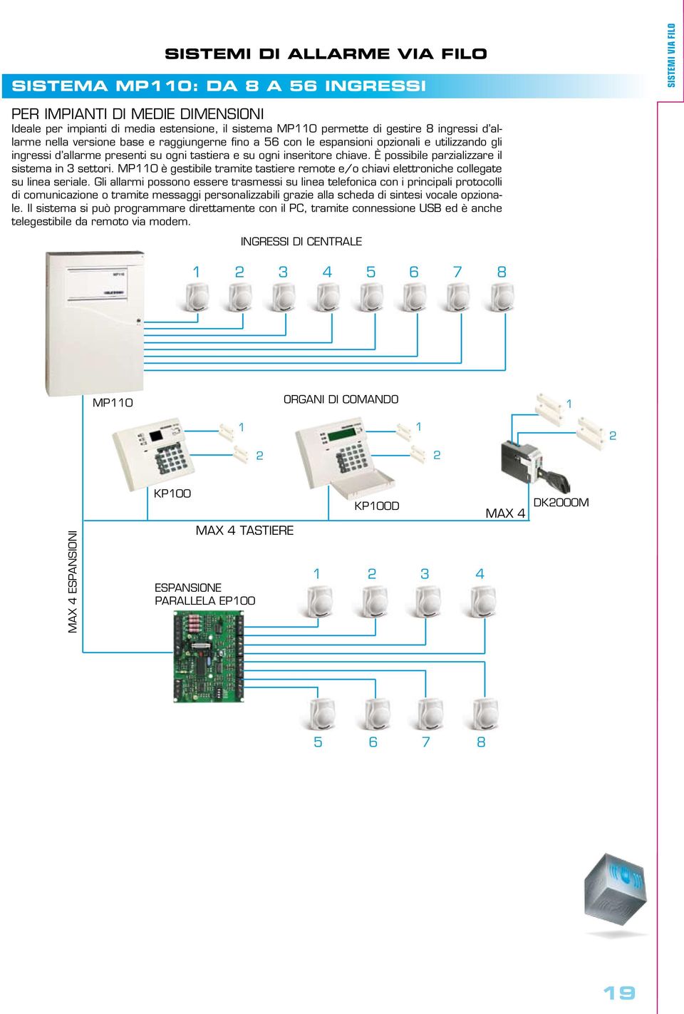 È possibile parzializzare il sistema in 3 settori. MP110 è gestibile tramite tastiere remote e/o chiavi elettroniche collegate su linea seriale.
