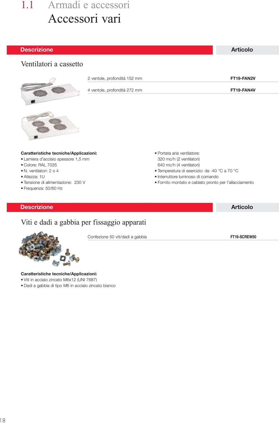 ventilatori: 2 o 4 Altezza: 1U Tensione di alimentazione: 230 V Frequenza: 50/60 Hz Portata aria ventilatore: 320 mc/h (2 ventilatori) 640 mc/h (4 ventilatori)