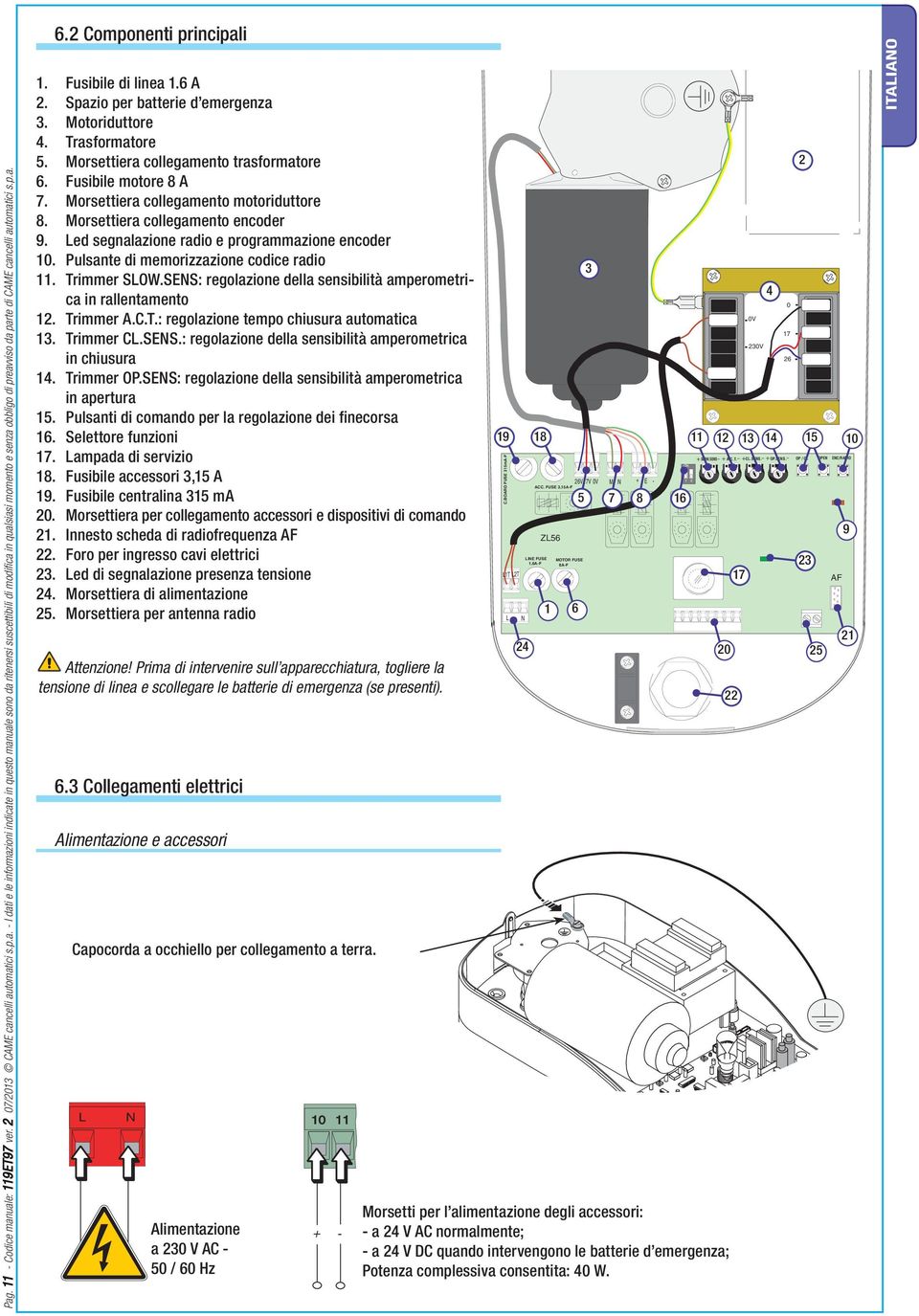 Morsettiera collegamento motoriduttore 8. Morsettiera collegamento encoder 9. Led segnalazione radio e programmazione encoder 10. Pulsante di memorizzazione codice radio 11. Trimmer SLOW.