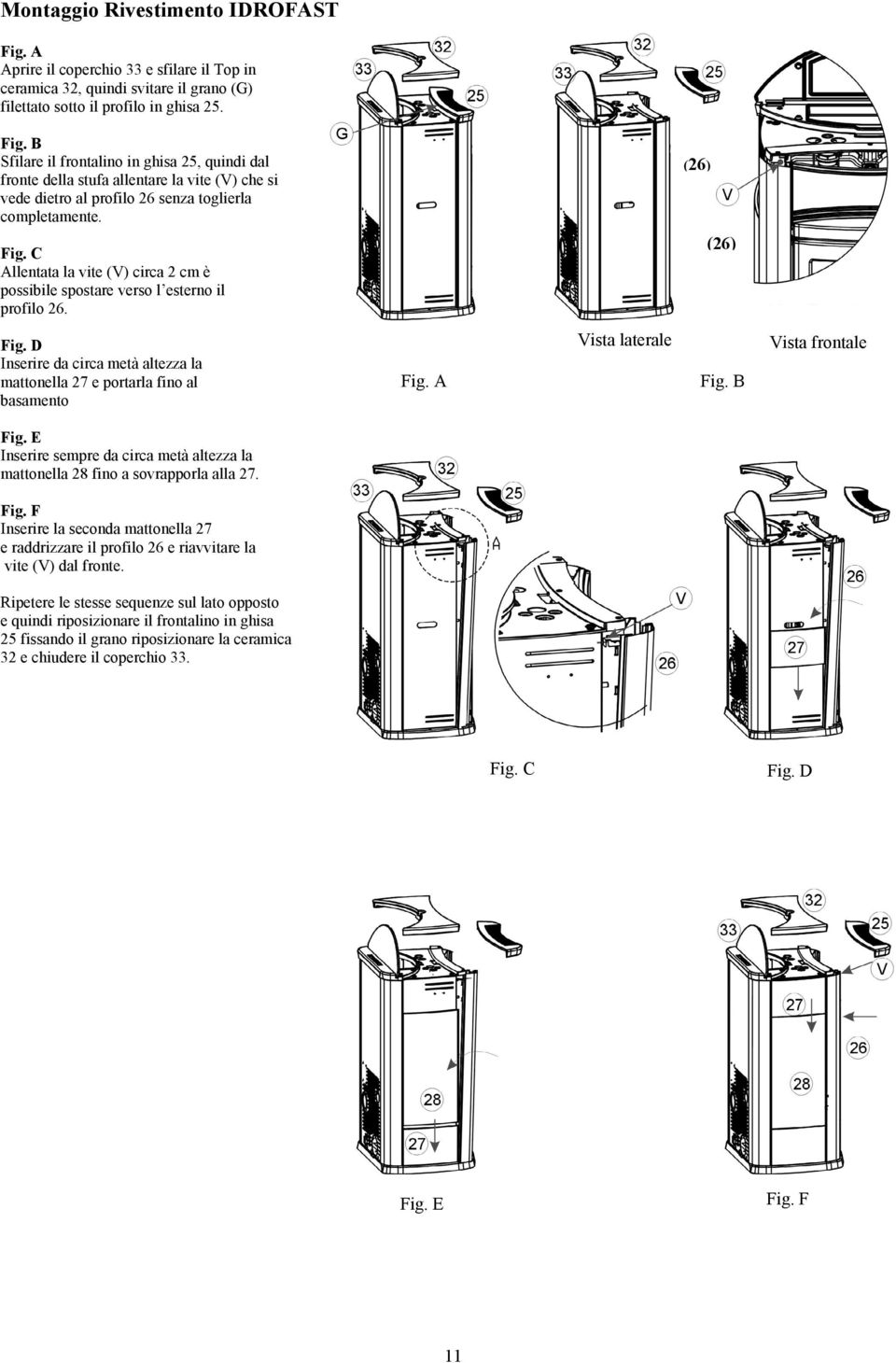 A Vista laterale Fig. B Vista frontale Fig. E Inserire sempre da circa metà altezza la mattonella 28 fino a sovrapporla alla 27. Fig. F Inserire la seconda mattonella 27 e raddrizzare il profilo 26 e riavvitare la vite (V) dal fronte.