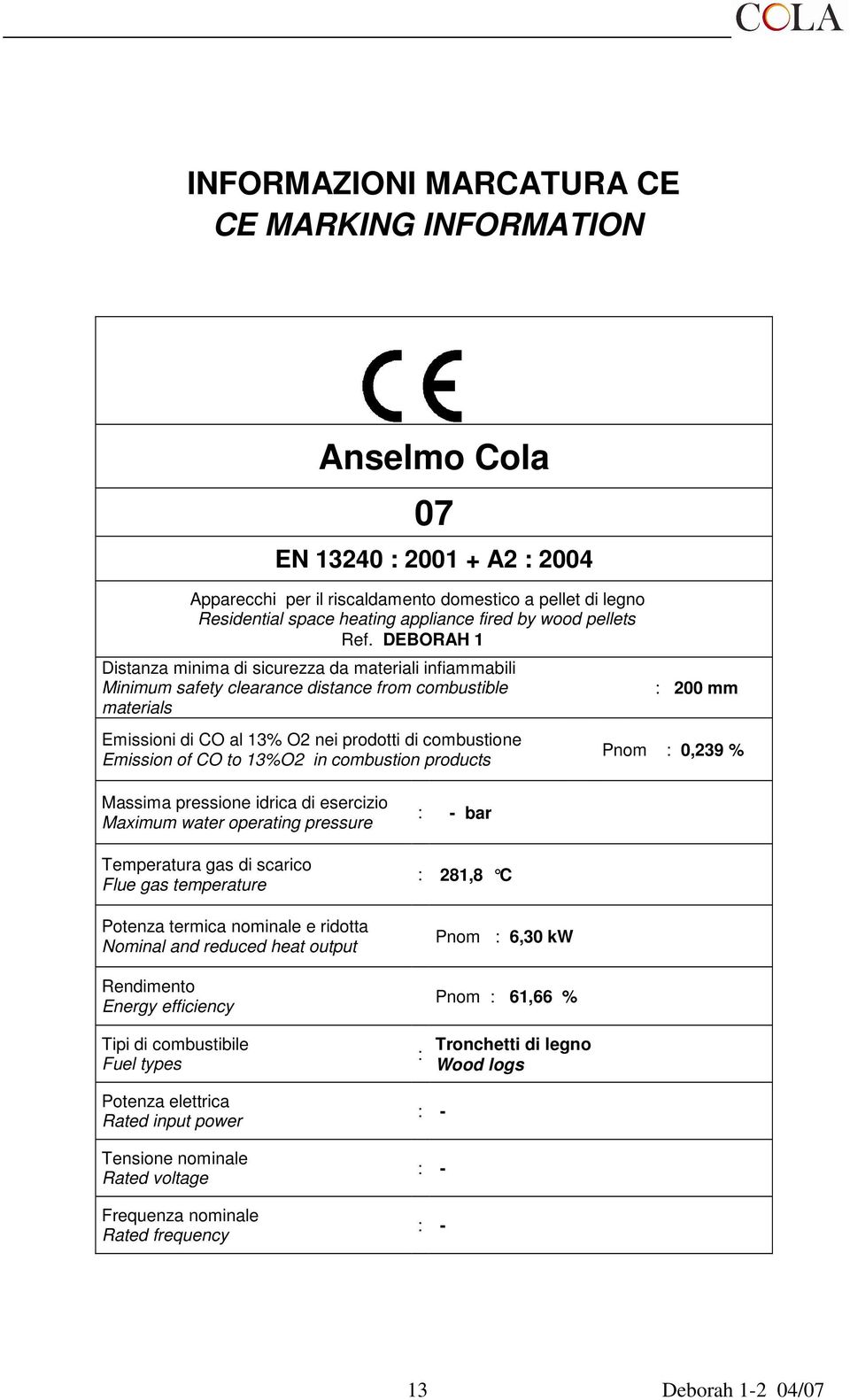 DEBORAH 1 Distanza minima di sicurezza da materiali infiammabili Minimum safety clearance distance from combustible materials Emissioni di CO al 13% O2 nei prodotti di combustione Emission of CO to