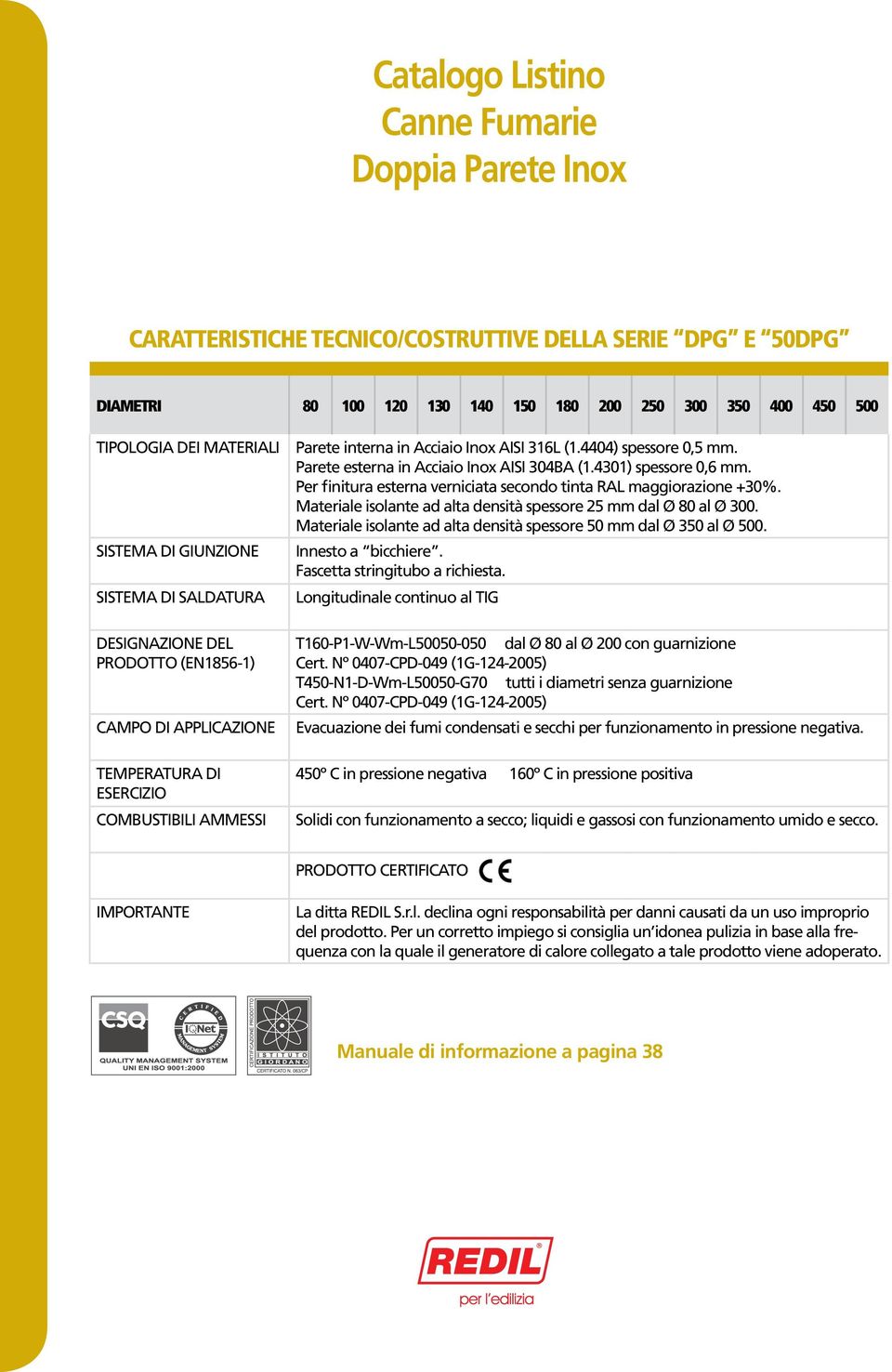 Per finitura esterna verniciata secondo tinta RAL maggiorazione +30%. Materiale isolante ad alta densità spessore 25 mm dal Ø 80 al Ø 300.