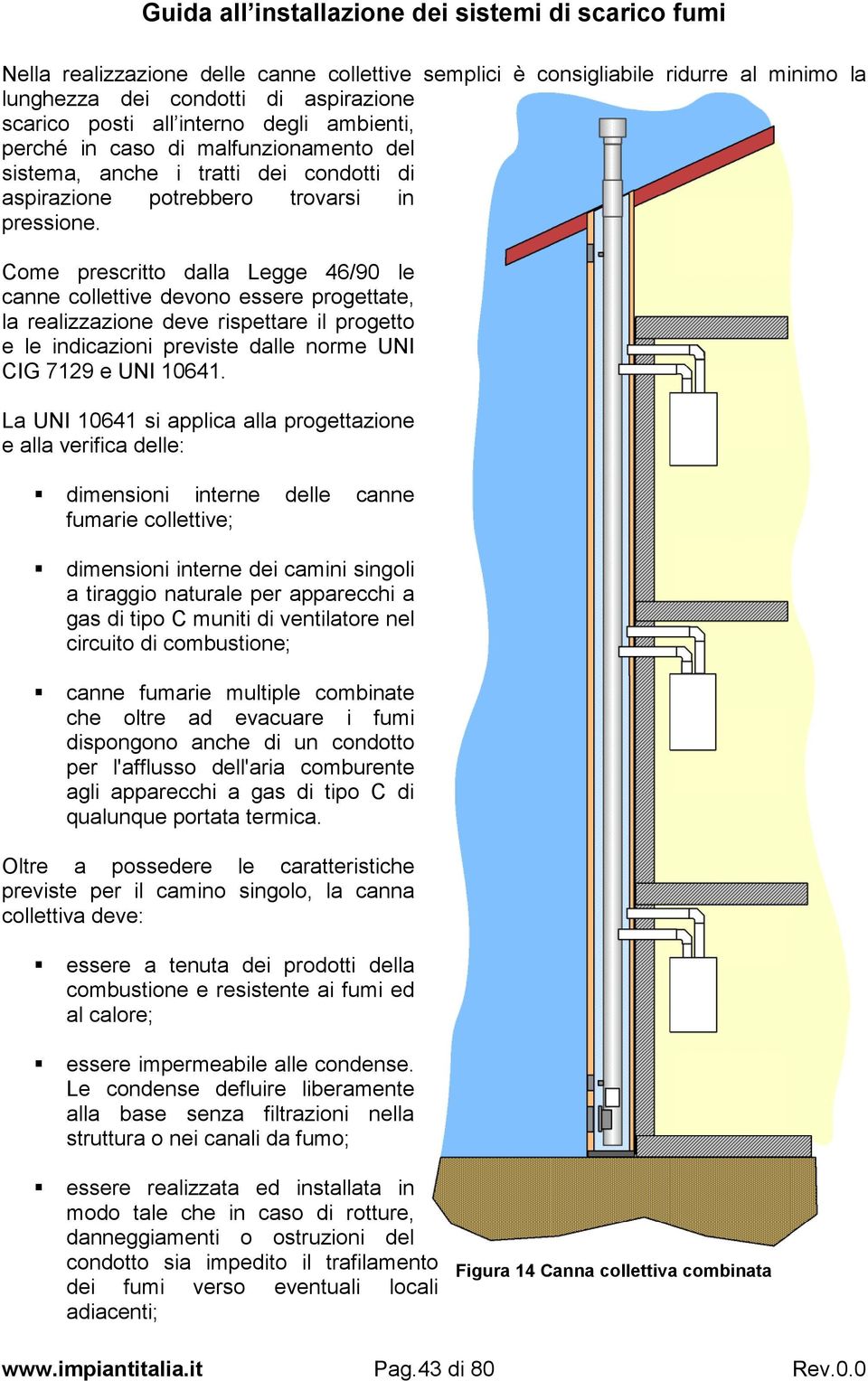 Come prescritto dalla Legge 46/90 le canne collettive devono essere progettate, la realizzazione deve rispettare il progetto e le indicazioni previste dalle norme UNI CIG 7129 e UNI 10641.