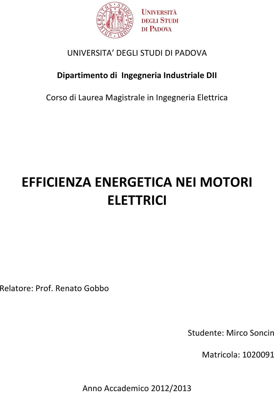 EFFICIENZA ENERGETICA NEI MOTORI ELETTRICI Relatore: Prof.