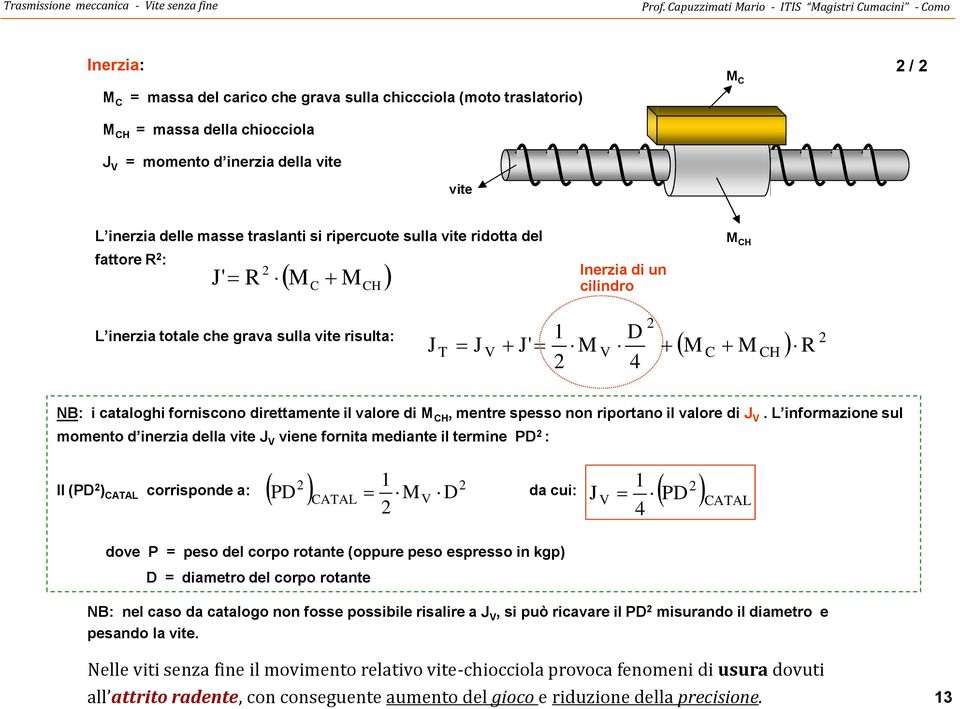 inerzia delle masse traslanti si ripercuote sulla vite ridotta del fattore : J' M M H Inerzia di un cilindro M H L inerzia totale che grava sulla vite risulta: J T J V J' M V D 4 M M H NB: i