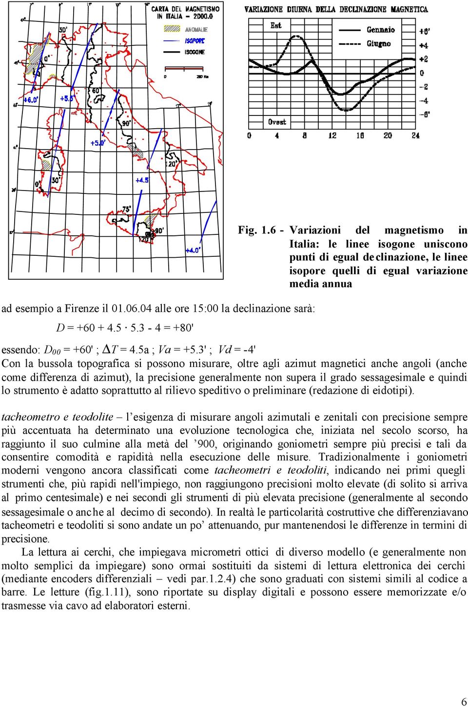 6 - Variazioni del magnetismo in Italia: le linee isogone uniscono punti di egual declinazione, le linee isopore quelli di egual variazione media annua essendo: D 00 = +60' ; T = 4.5a ; Va = +5.