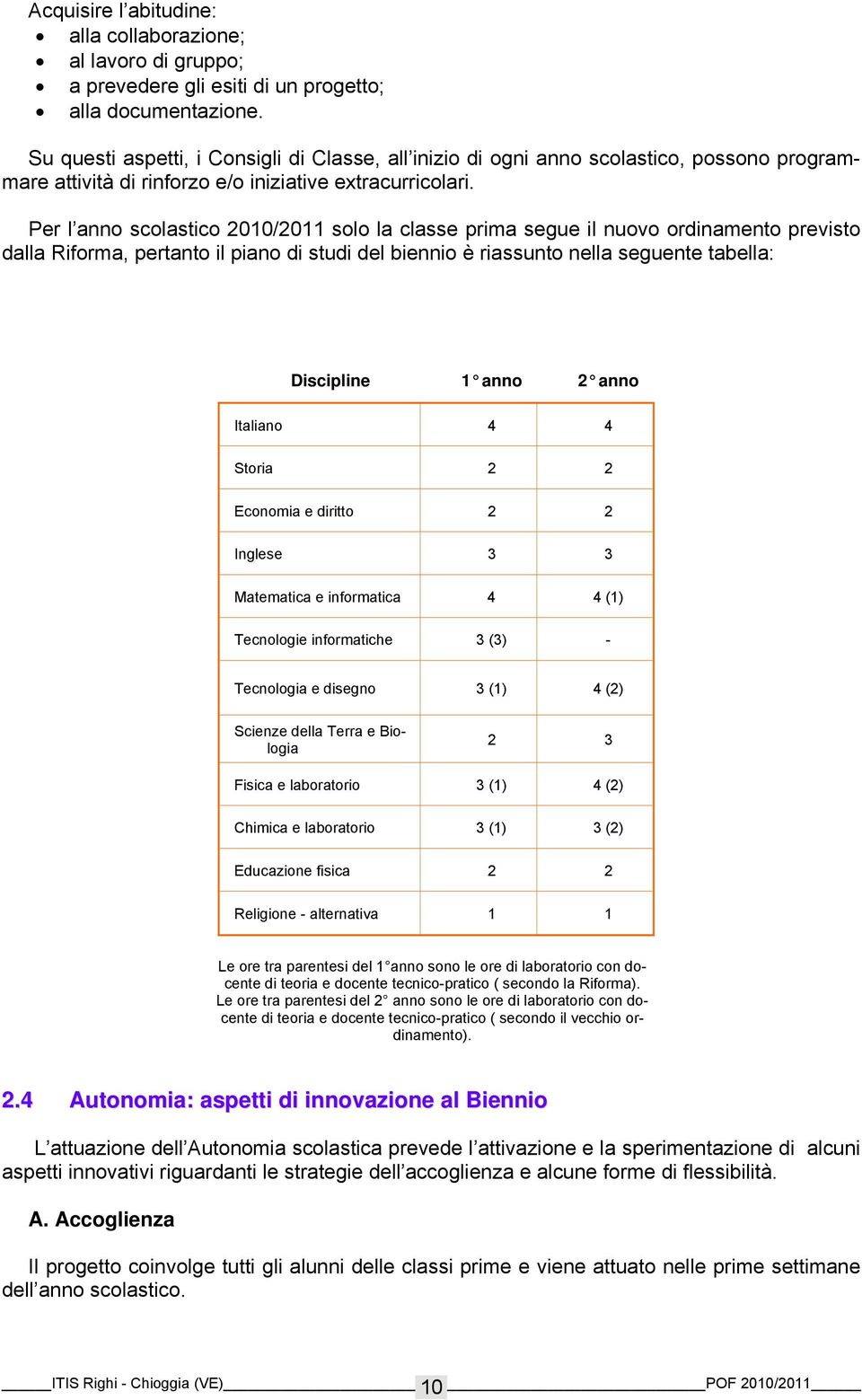 Per l anno scolastico 2010/2011 solo la classe prima segue il nuovo ordinamento previsto dalla Riforma, pertanto il piano di studi del biennio è riassunto nella seguente tabella: Discipline 1 anno 2