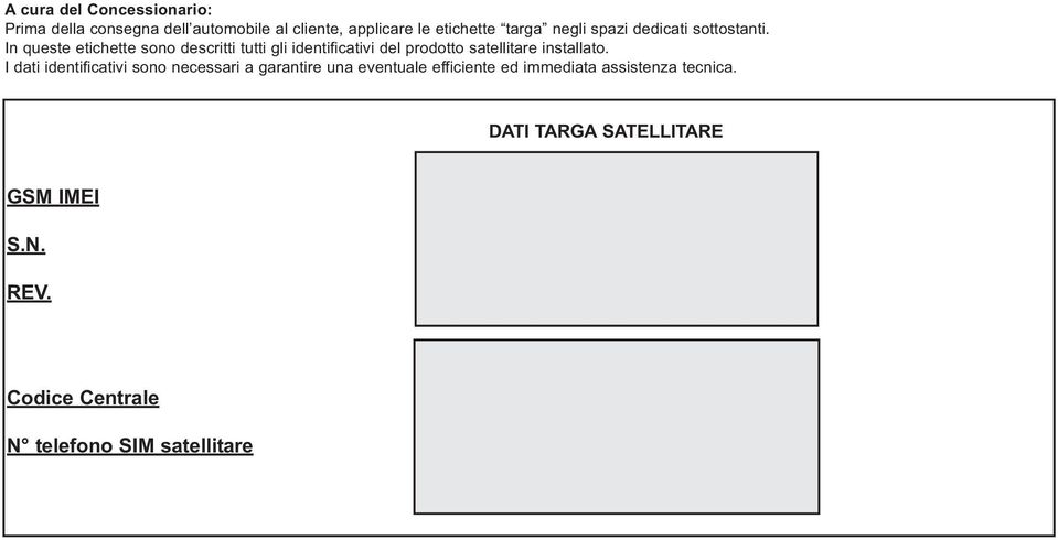 In queste etichette sono descritti tutti gli identificativi del prodotto satellitare installato.