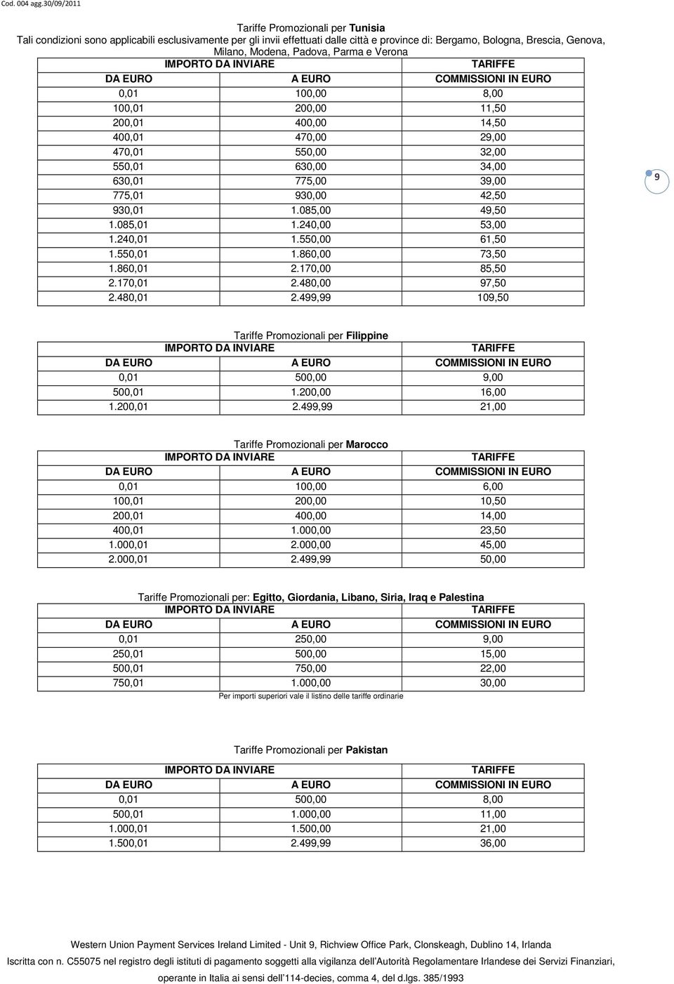 240,00 53,00 1.240,01 1.550,00 61,50 1.550,01 1.860,00 73,50 1.860,01 2.170,00 85,50 2.170,01 2.480,00 97,50 2.480,01 2.499,99 109,50 9 Tariffe Promozionali per Filippine 0,01 500,00 9,00 500,01 1.