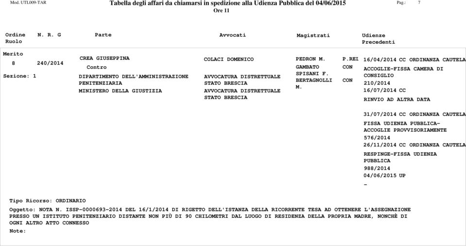 210/2014 16/07/2014 CC RINVIO AD ALTRA DATA 31/07/2014 CC ORDINANZA CAUTELA FISSA UDIENZA ACCOGLIE PROVVISORIAMENTE 576/2014 26/11/2014 CC ORDINANZA CAUTELA RESPINGEFISSA UDIENZA