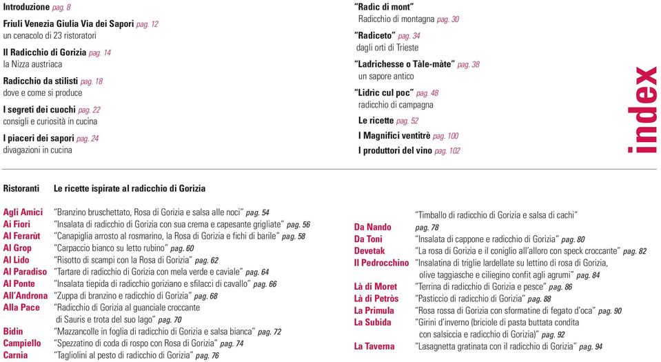 34 dagli orti di Trieste Ladrichesse o Tàle-màte pag. 38 un sapore antico Lidrìc cul poc pag. 48 radicchio di campagna Le ricette pag. 52 I Magnifici ventitrè pag. 100 I produttori del vino pag.