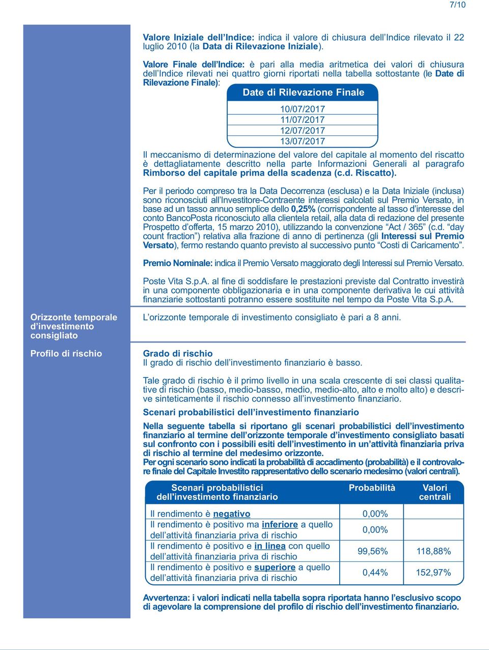 Rilevazione Finale 10/07/2017 11/07/2017 12/07/2017 13/07/2017 Il meccanismo di determinazione del valore del capitale al momento del riscatto è dettagliatamente descritto nella parte Informazioni