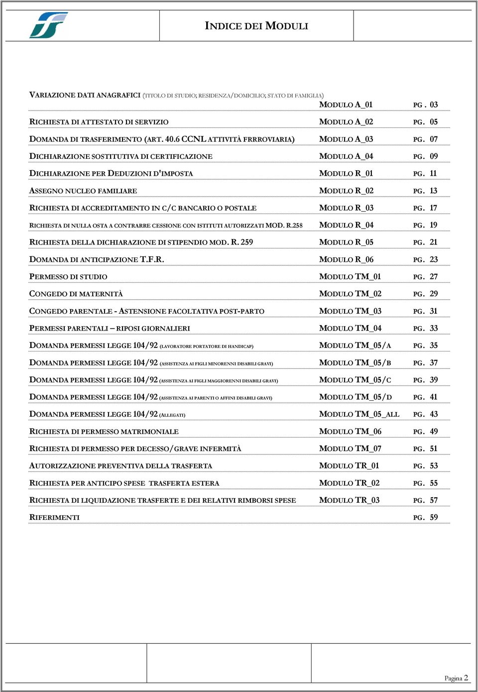 09 DICHIARAZIONE PER DEDUZIONI D'IMPOSTA MODULO R_01 PG. 11 ASSEGNO NUCLEO FAMILIARE MODULO R_02 PG. 13 RICHIESTA DI ACCREDITAMENTO IN C/C BANCARIO O POSTALE MODULO R_03 PG.