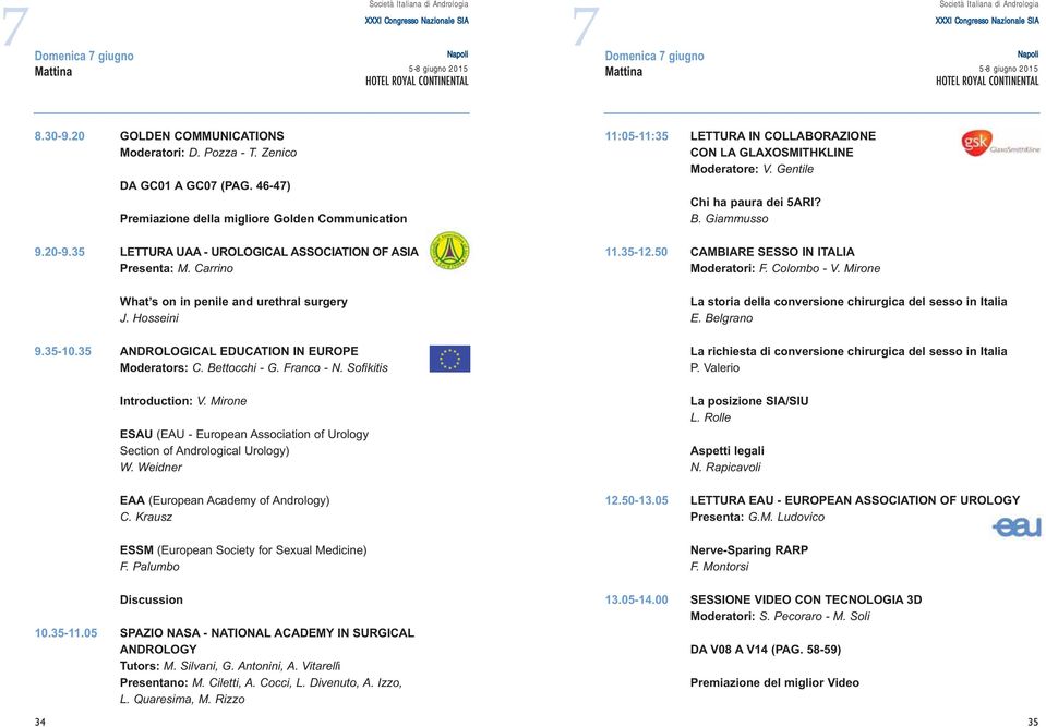 46-47) Premiazione della migliore Golden Communication 9.20-9.35 LETTURA UAA - UROLOGICAL ASSOCIATION OF ASIA Presenta: M. Carrino What s on in penile and urethral surgery J. Hosseini 9.35-10.