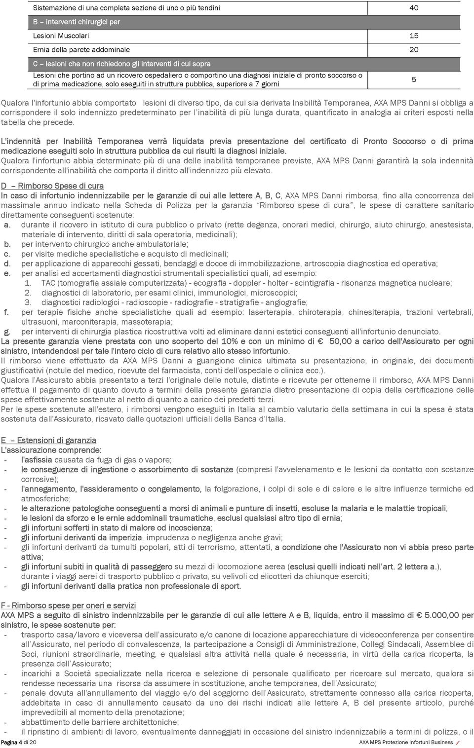 l'infortunio abbia comportato lesioni di diverso tipo, da cui sia derivata Inabilità Temporanea, AXA MPS Danni si obbliga a corrispondere il solo indennizzo predeterminato per l inabilità di più