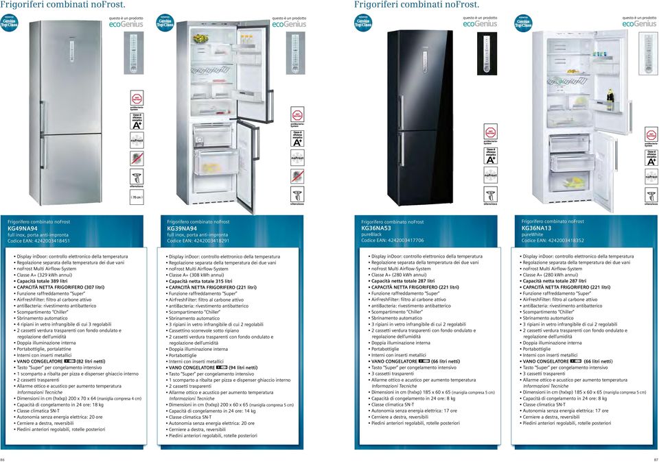 porta anti-impronta Codice EAN: 4242003418291 Frigorifero combinato nofrost KG36NA53 pureblack Codice EAN: 4242003417706 Frigorifero combinato nofrost KG36NA13 purewhite Codice EAN: 4242003418352