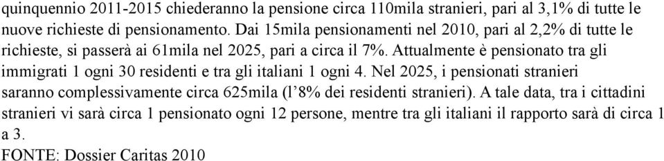 Attualmente è pensionato tra gli immigrati 1 ogni 30 residenti e tra gli italiani 1 ogni 4.