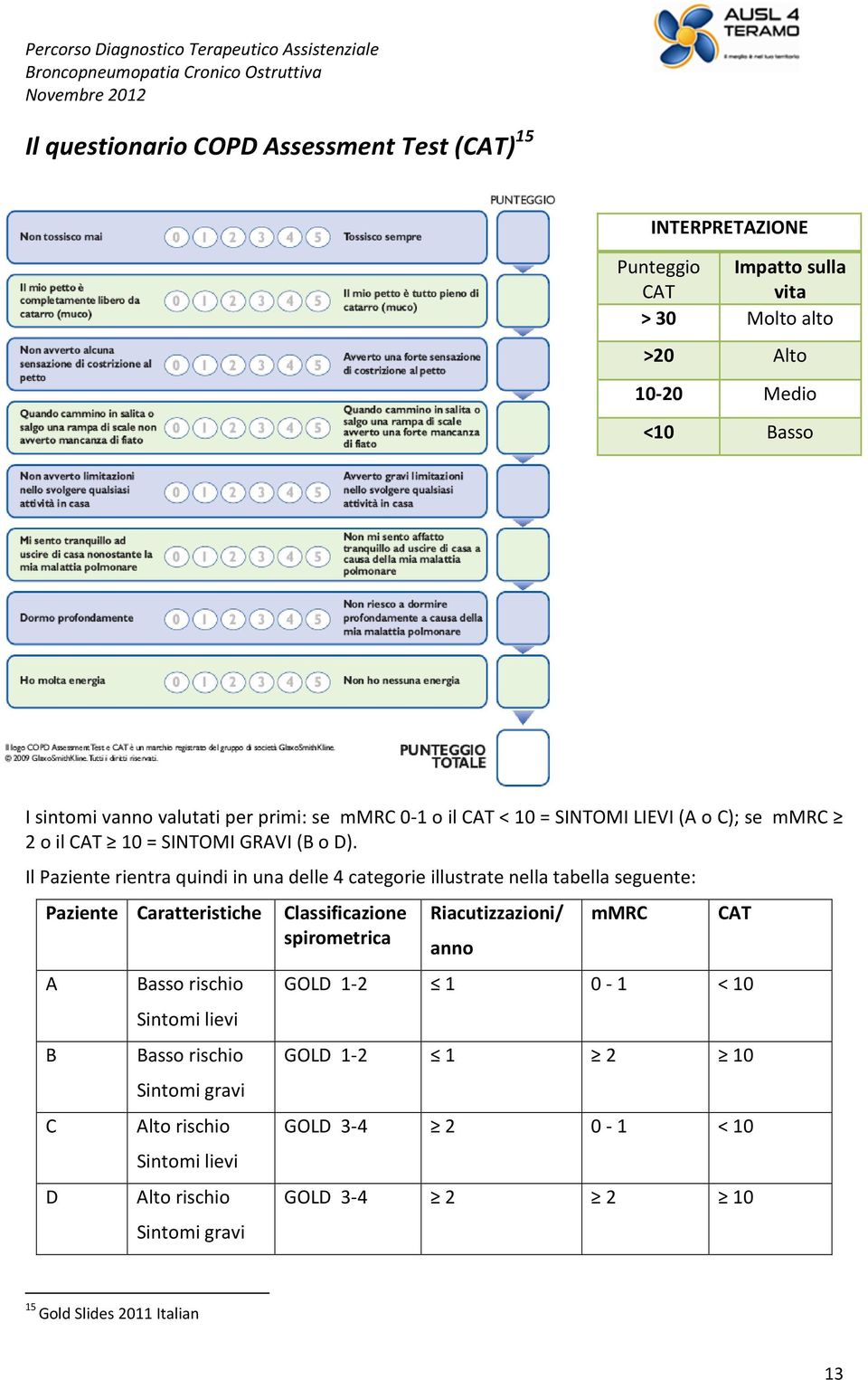 Il Paziente rientra quindi in una delle 4 categorie illustrate nella tabella seguente: Paziente Caratteristiche Classificazione spirometrica A B C D Basso rischio