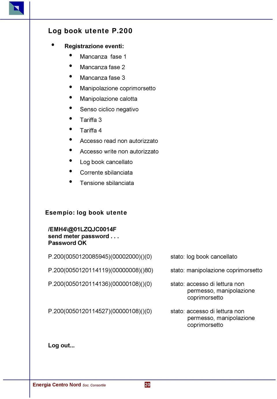 autorizzato Accesso write non autorizzato Log book cancellato Corrente sbilanciata Tensione sbilanciata Esempio: log book utente /EMH4\@01LZQJC0014F send meter password... Password OK P.