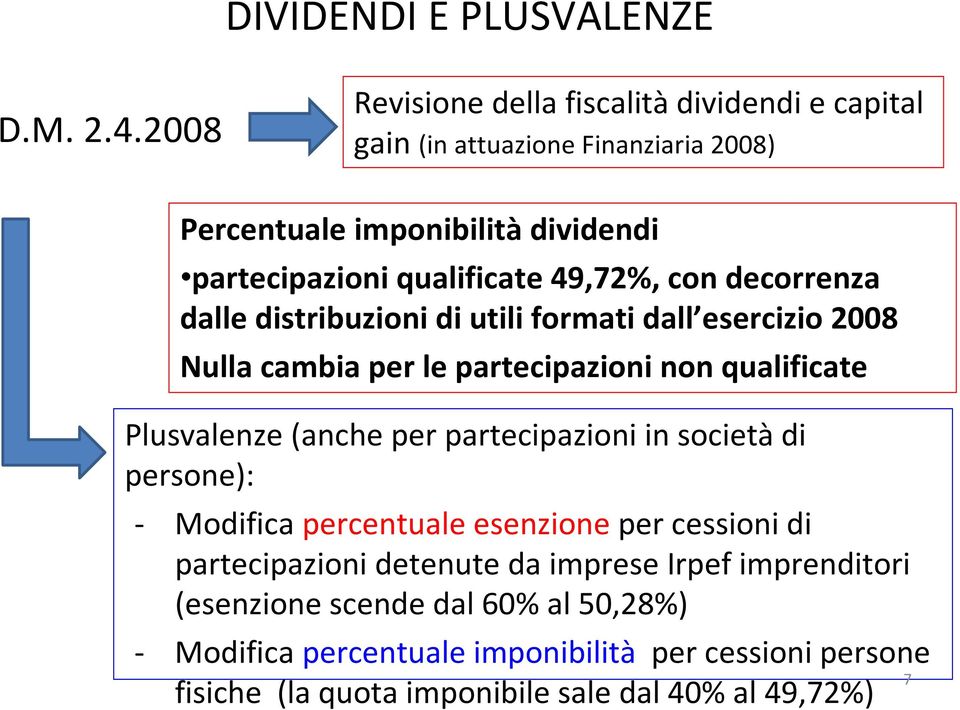 49,72%, con decorrenza dalle distribuzioni di utili formati dall esercizio 2008 Nulla cambia per le partecipazioni non qualificate Plusvalenze (anche per