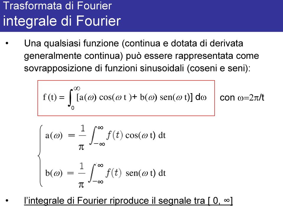 sinusoidali (coseni e seni): f (t) = [a(w) cos(w t )+ b(w) sen(w t)] dw 0 con w 2p/t a(w) p