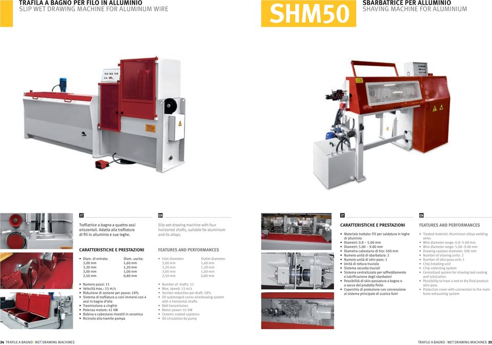 : 15 m/s Riduzione di sezione per passo: 18% Sistema di trafilatura a coni immersi con 4 assi in bagno d olio Trasmissione a cinghie Potenza motore: 41 kw Bobina e cabestano rivestiti in ceramica
