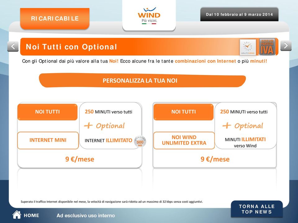 PERSONALIZZA LA TUA NOI NOI TUTTI 250 MINUTI verso tutti NOI TUTTI 250 MINUTI verso tutti Optional Optional INTERNET MINI