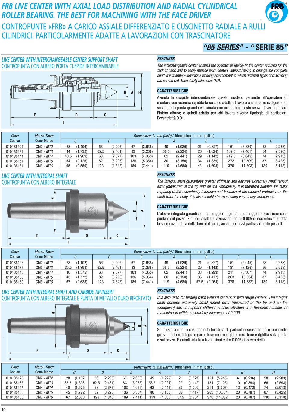 PARTICOLARMENTE ADATTE A LAVORAZIONI CON TRASCINATORE 85 SERIES - SERIE 85 LIVE CENTER WITH INTERCHANGEABLE CENTER SUPPORT SHAFT CONTROPUNTA CON ALBERO PORTA CUSPIDE INTERCAMBIABILE FEATURES The