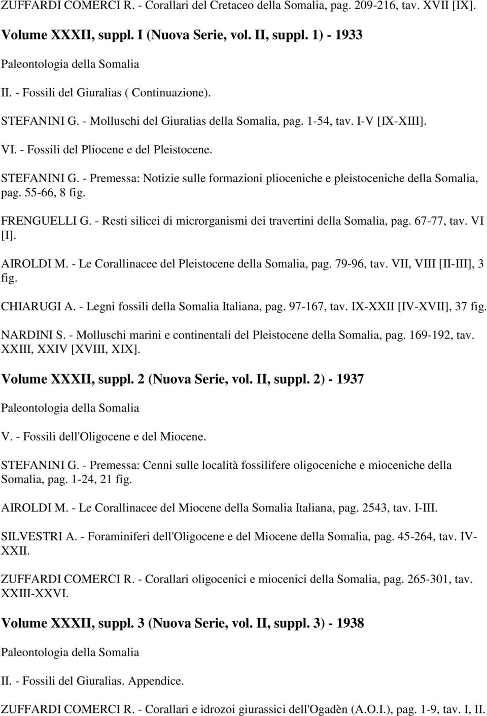 55-66, 8 fig. FRENGUELLI G. - Resti silicei di microrganismi dei travertini della Somalia, pag. 67-77, tav. VI [I]. AIROLDI M. - Le Corallinacee del Pleistocene della Somalia, pag. 79-96, tav.