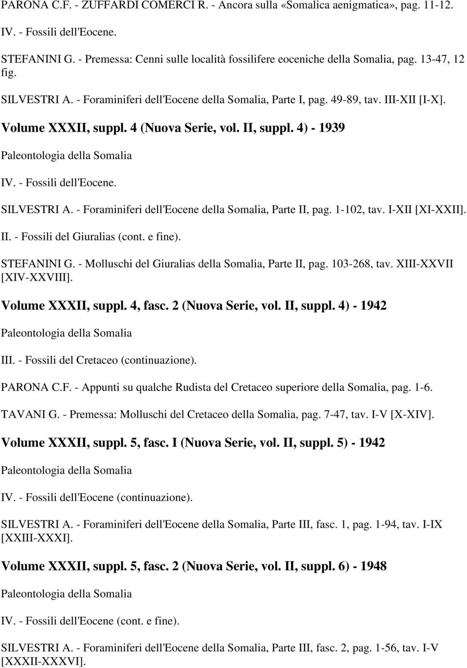 4) - 1939 Paleontologia della Somalia IV. - Fossili dell'eocene. SILVESTRI A. - Foraminiferi dell'eocene della Somalia, Parte II, pag. 1-102, tav. I-XII [XI-XXII]. II. - Fossili del Giuralias (cont.