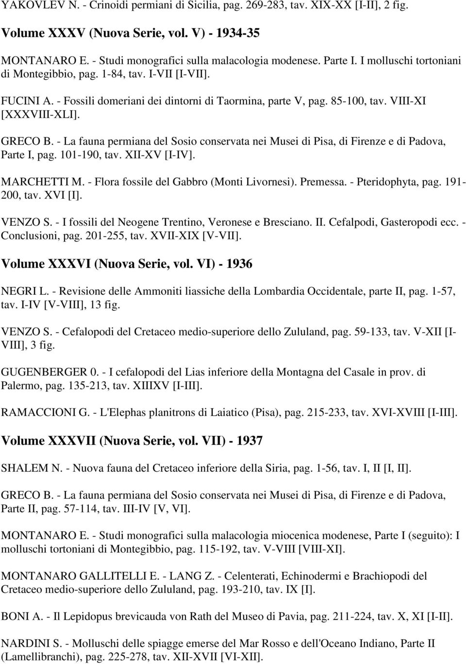 - La fauna permiana del Sosio conservata nei Musei di Pisa, di Firenze e di Padova, Parte I, pag. 101-190, tav. XII-XV [I-IV]. MARCHETTI M. - Flora fossile del Gabbro (Monti Livornesi). Premessa.